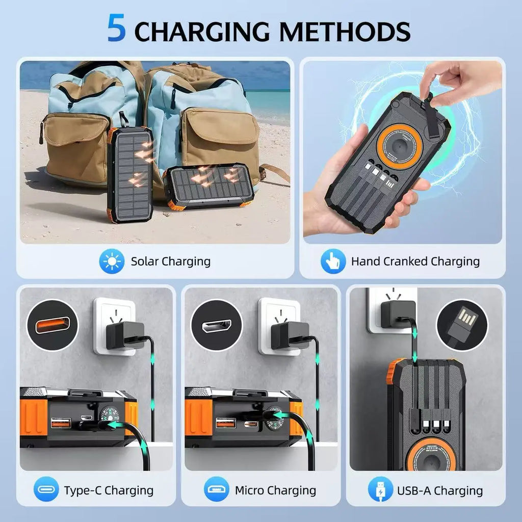 Solar Power Bank with Hand Crank & LED Light