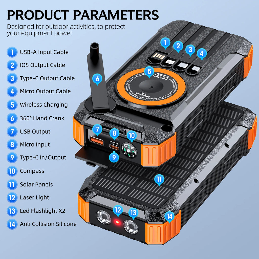 Solar Power Bank with Hand Crank & LED Light
