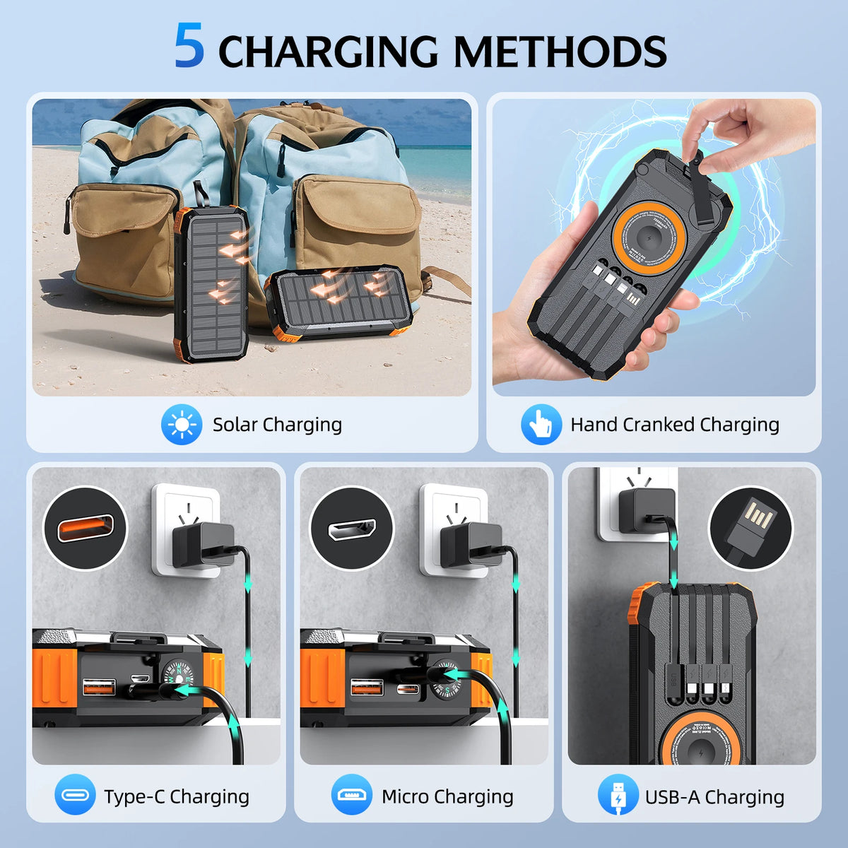 Solar Power Bank with Hand Crank & LED Light