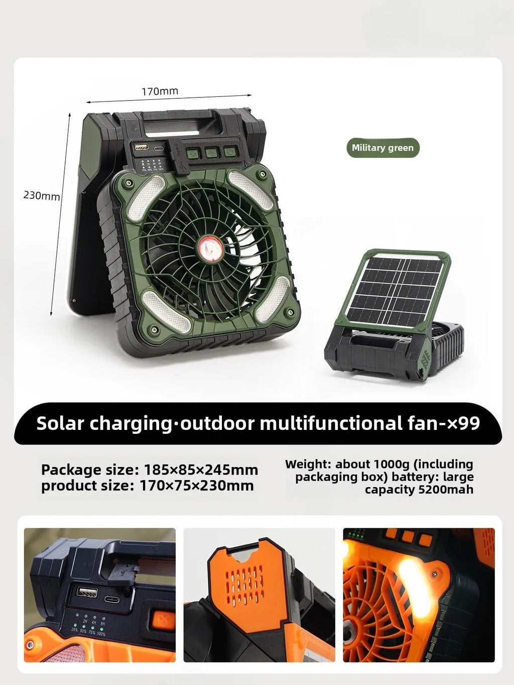 Portable Solar Camping Fan with LED Light