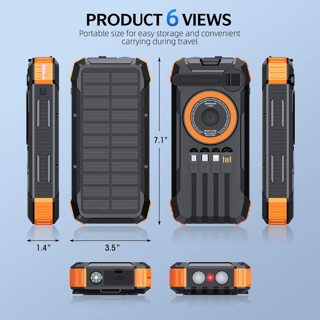 Solar Power Bank with Hand Crank & LED Light