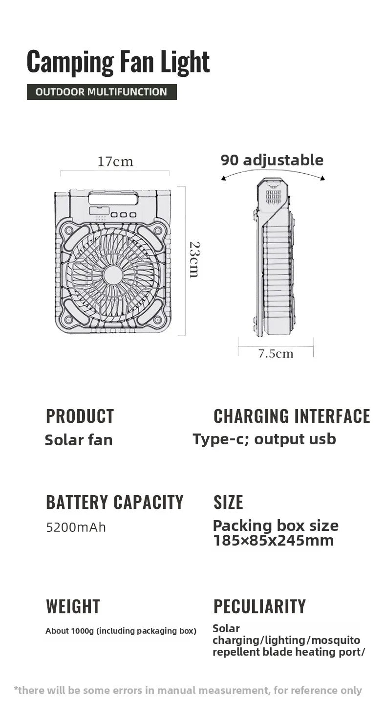 Portable Solar Camping Fan with LED Light