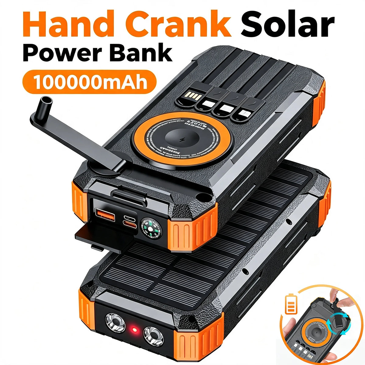 Solar Power Bank with Hand Crank & LED Light