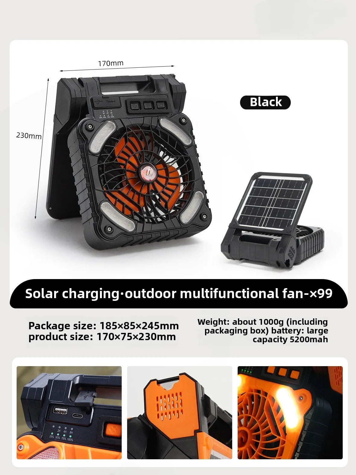 Portable Solar Camping Fan with LED Light